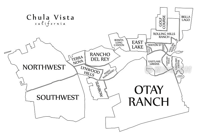 现代城市地图- Chula Vista美国加利福尼亚州城市与邻里和标题大纲地图